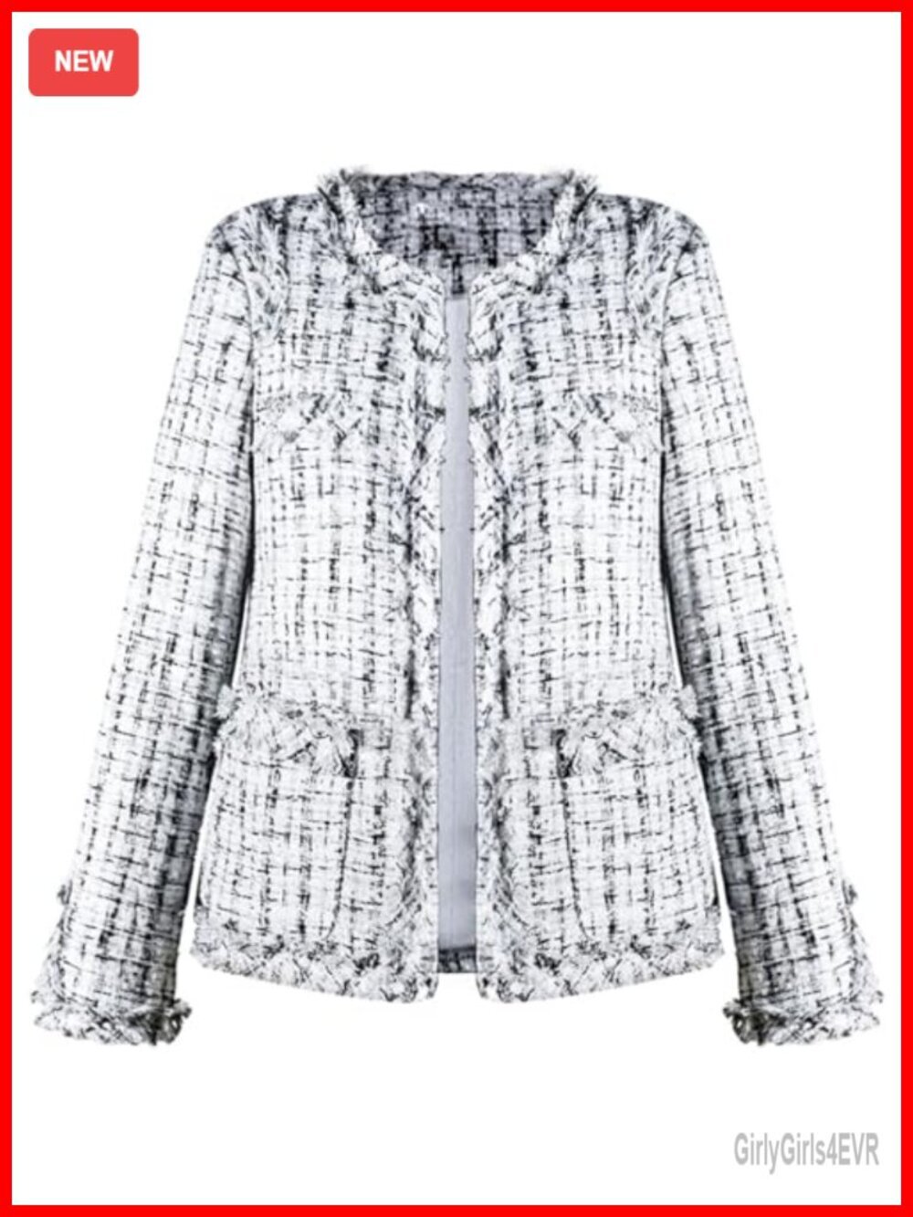 Women's Tweed Business Casual Blazer Jacket Collarless Open Front Slim Fit